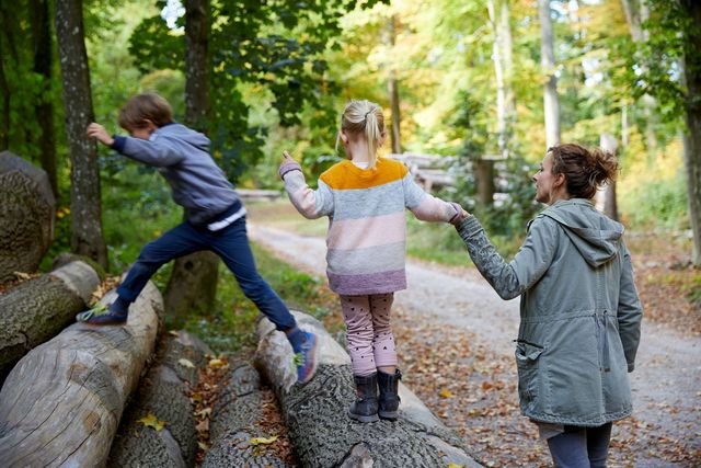 Eine Mutter spaziert mit Kindern im Wald