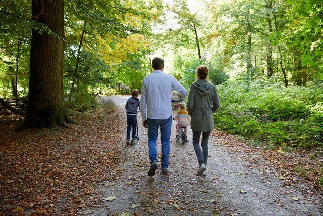 Eine Familie spaziert im Wald