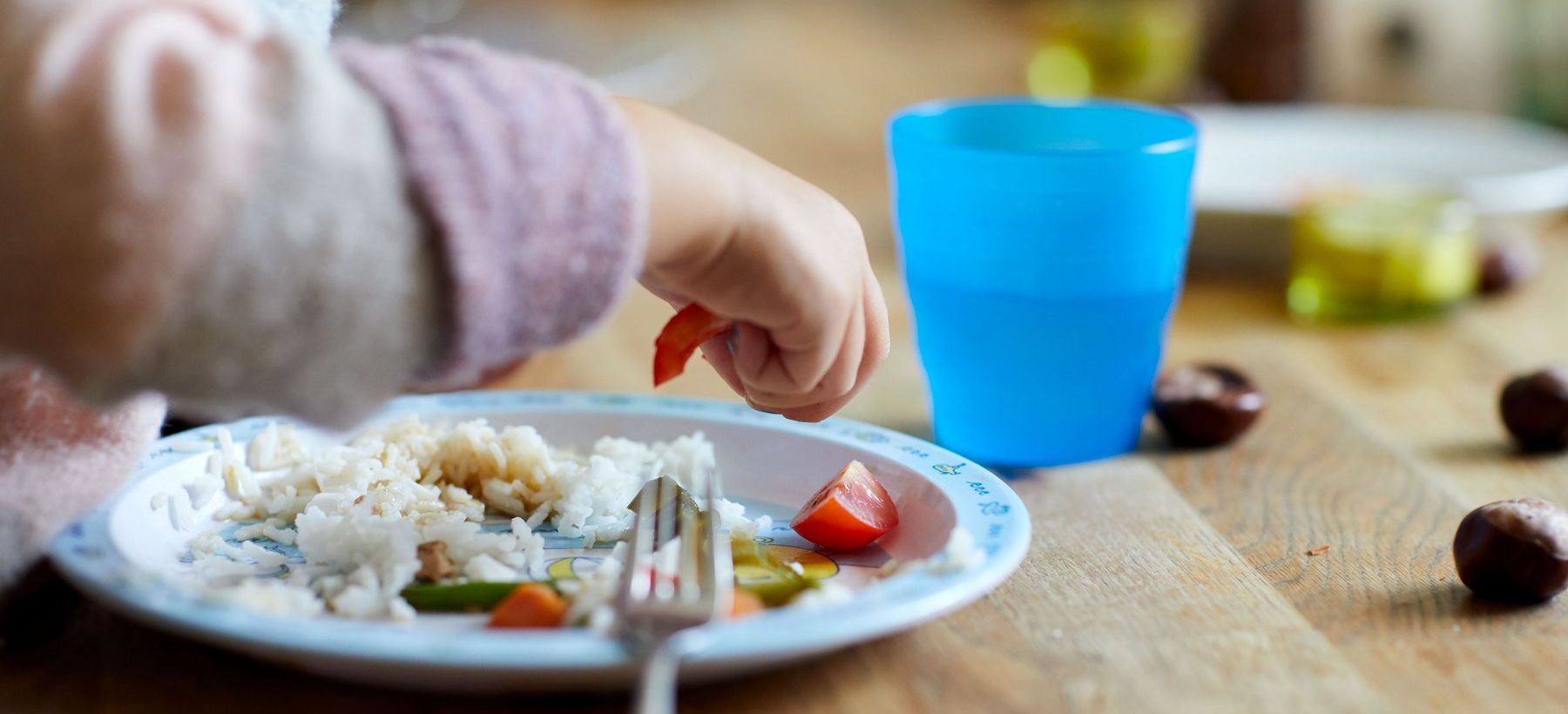 Eine Kinderhand greift nach Essen auf einem Teller